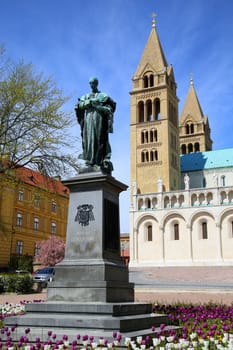 Statue of Ignac Szepesy and Basilica of St. Peter & St. Paul, Pecs Cathedral in Hungary