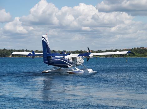 seaplane prepare for take off, back side view             