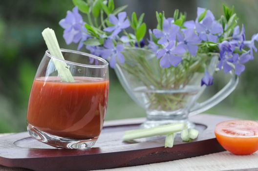 Tomato juice with celery and half a tomato, on a stand in the garden. Flowers in a Cup, bokeh defocused background