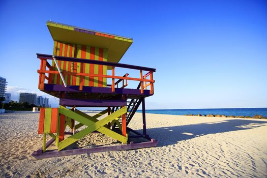 Colorful lifeguard hut in popular South Beach in Miami.