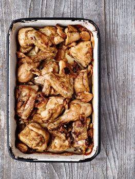 close up of rustic golden roast chicken casserole 