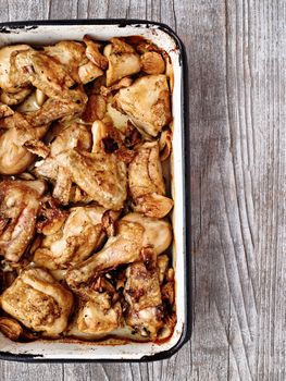 close up of rustic golden roast chicken casserole 