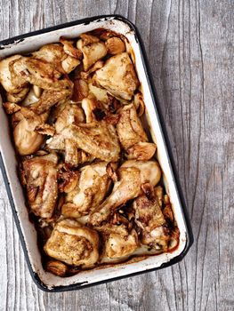 close up of rustic golden roast chicken casserole 