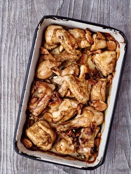 close up of rustic golden roast chicken casserole 