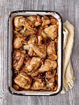 close up of rustic golden roast chicken casserole 