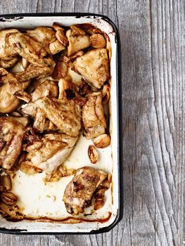 close up of rustic golden roast chicken casserole 