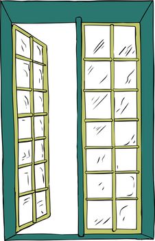 Front view on hand drawn isolated illustration of open casement window