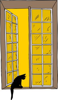 Isolated hand drawn illustration of open casement window and cat with yellow sky