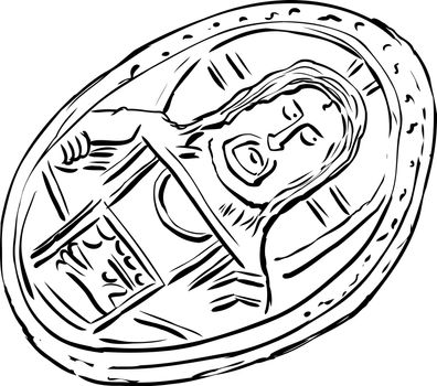 Illustration of single old Histamenon coin from the Byzantine Empire over white