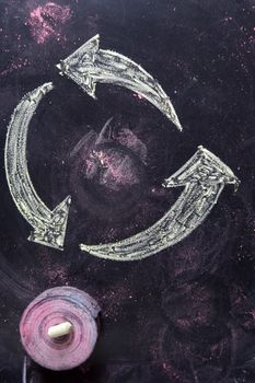 The operation of the recycle symbol drawn with chalk on blackboard
