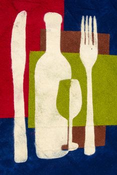 Graphic representation of the concept of wine on the table with glass and cutlery