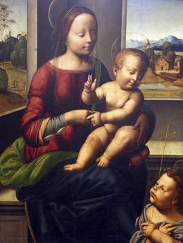 According to Fra Bartolommeo: Madonna and Child with St. John, Old Masters Collection, Croatian Academy of Sciences in Zagreb, Croatia