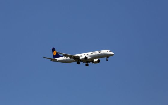 An Embraer ERJ-195, registration D-AEMA of Lufthansa CityLine landing at Zagreb Airport Pleso