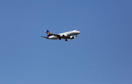 An Embraer ERJ-195, registration D-AEMA of Lufthansa CityLine landing at Zagreb Airport Pleso