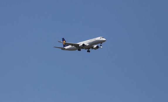 An Embraer ERJ-195, registration D-AEMA of Lufthansa CityLine landing at Zagreb Airport Pleso