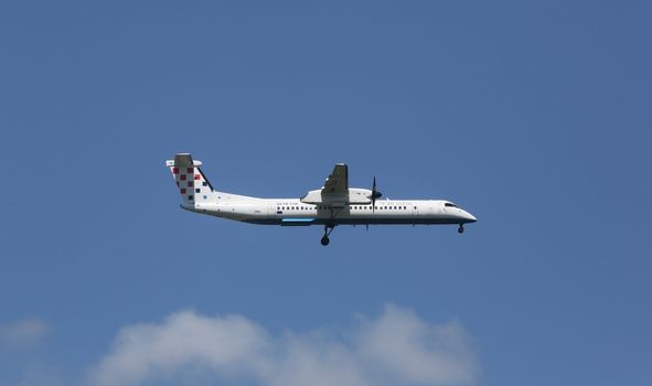 Bombardier DH8D, registration 9A-CQF of Croatia Airlines landing on Zagreb Airport Pleso