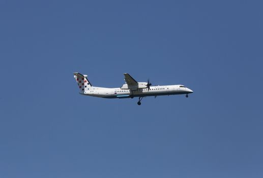 Bombardier DH8D, registration 9A-CQF of Croatia Airlines landing on Zagreb Airport Pleso