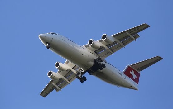 Avro RJ100, registration XB-IXP of Swiss  Airlines landing on Zagreb Airport Pleso