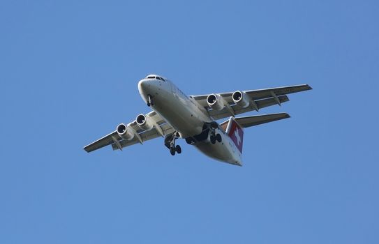 Avro RJ100, registration XB-IXP of Swiss  Airlines landing on Zagreb Airport Pleso