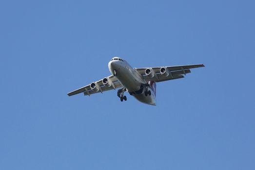 Avro RJ100, registration XB-IXP of Swiss  Airlines landing on Zagreb Airport Pleso