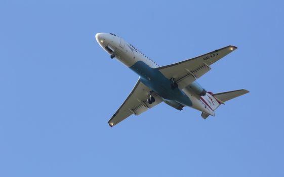 Fokker F70, registration OE-LFJ of Austrian Airlines landing on Zagreb Airport Pleso