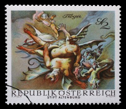 Stamp printed in the Austria shows Vanquished Demons, by Paul Troger, Altenburg Abbey, circa 1968