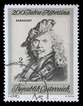 Stamp printed in the Austria shows Self-portrait, by Rembrandt, Bicentenary of Etching Collection in the Albertina, Vienna, circa 1969