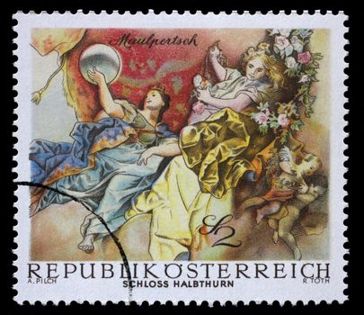 Stamp printed in the Austria shows Symbolic Figures from The Triumph of Apollo, by Maulpertsch, Halbthurn Castle, circa 1968