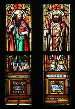 Saint Cyril and Methodius, stained glass window in parish church of Saint Mark in Zagreb, Croatia