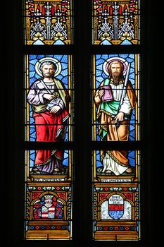 Saint Peter and Paul, stained glass window in parish church of Saint Mark in Zagreb, Croatia
