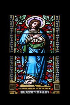 Virgin Mary, stained glass window in parish church of Saint Mark in Zagreb, Croatia