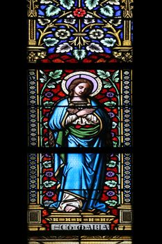 Virgin Mary, stained glass window in parish church of Saint Mark in Zagreb, Croatia