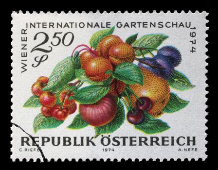 Stamp printed in Austria, devoted to the International Garden Show, Vienna, shows Fruits, circa 1974