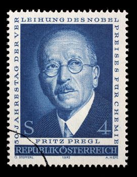 Stamp printed in the Austria shows Fritz Pregl, Chemist, 50th Anniversary of the Awarding of the Nobel Prize for Chemistry, circa 1973