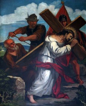 5th Stations of the Cross, Simon of Cyrene carries the cross, Sanctuary of St. Agatha in Schmerlenbach, Germany