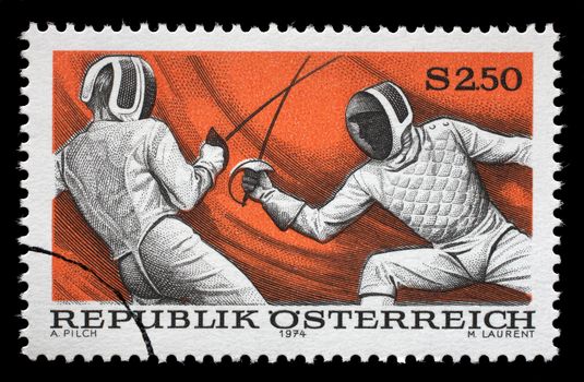 Stamp printed in austria shows fencing, circa 1974