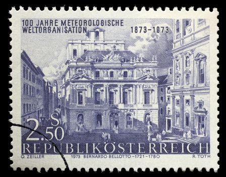 Stamp printed in the Austria shows Academy of Science, by Canaletto, Vienna, Centenary of International Meteorological Cooperation, circa 1973