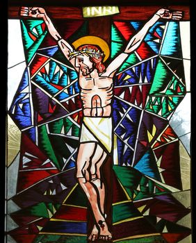 Crucifixion, stained glass window in Memorial Church of the Passion of Jesus in Macelj, Croatia