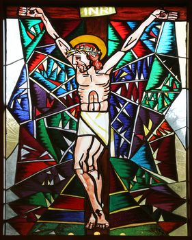 Crucifixion, stained glass window in Memorial Church of the Passion of Jesus in Macelj, Croatia