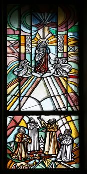 Assumption of the Virgin Mary, stained glass window in Parish church of the St. George in Durmanec, Zagorje region, Croatia