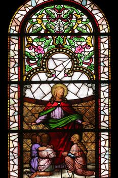 Jesus friend of children, stained glass window in the Church of St. Vincent de Paul in Zagreb, Croatia