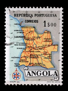 Stamp printed in Angola shows a map of Angola, circa 1955