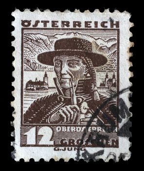 Stamp printed by AUSTRIA shows Man from Upper Austria (Oberosterreich), Traditional folk costume, circa 1934.