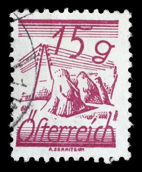 Stamp printed in Austria, is depicted Fields Crossed by Telegraph Wires, circa 1925