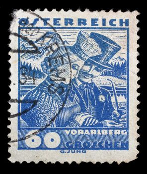 Stamp printed by Austria, shows Vorarlberg bridal couple, circa 1932