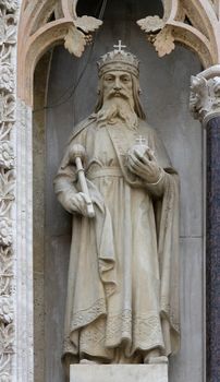 Statue of St. Stephen the king on the portal of the cathedral dedicated to the Assumption of Mary in Zagreb