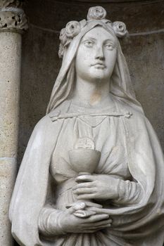 Statue of Saint Barbara on the portal of the cathedral dedicated to the Assumption of Mary in Zagreb