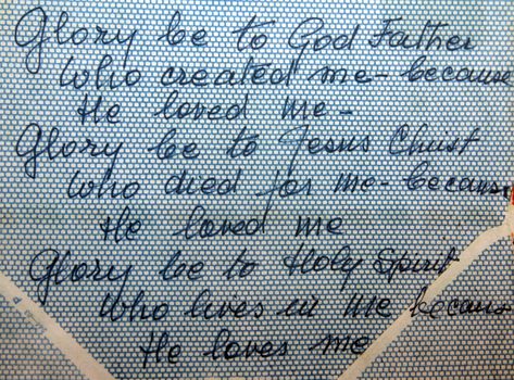 Prayer of the Holy Trinity written by Mother Teresa on an old envelope, dated mid '80s, Memorial House in Skopje, Macedonia