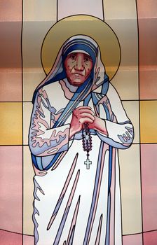 Stained glass window with the image of Mother Teresa in the Memorial House in Skopje, Macedonia