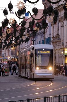 Tramway in the downtown in Graz, Austria. Graz is the capital of federal state of Styria and the second largest city in Austria